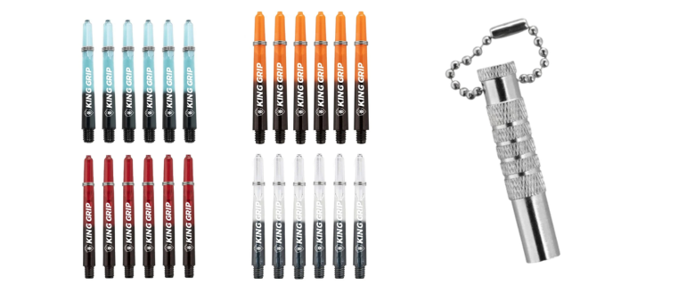 KOTO shafts in various colors, designed for enhanced flight stability, complete with a Broken Shaft Remover for quick and easy replacement of damaged shafts.