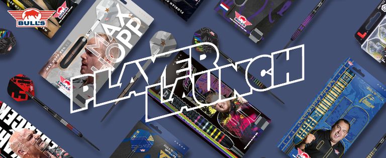 Assorted Bulls-branded darts, flights and player-themed boxed packaging arranged on a blue background with bold "PLAYER LAUNCH" graphic.