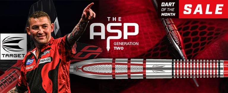 Nathan Aspinall in red shirt with tattoos holds a dart; text reads "The ASP Generation Two," "Dart of the Month Sale," and "Target."