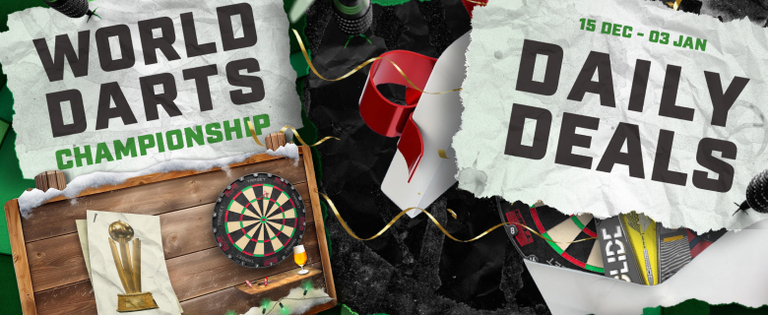 Promotional banner reading "World Darts Championship" with multiple dartboards, darts, a trophy, beer glass and torn-paper "Daily Deals" text.