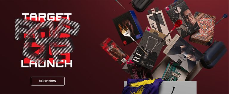 Collage of various product boxes and items with bold text "TARGET RED LAUNCH" on a dark red background. Button reads "SHOP NOW."