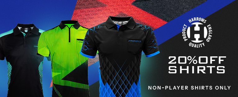 Three shirts with geometric designs on display against a colorful background, featuring a "20% Off Shirts" offer for non-player shirts.