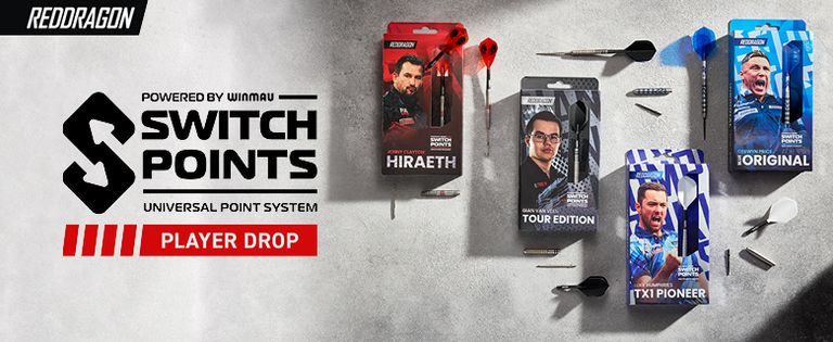 RedDragon Switch Points packaging displayed with various dart components on a textured surface, featuring different player editions.