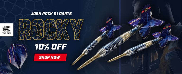 Advertisement for Josh Rock G1 Darts featuring three darts and text "ROCKY, 10% OFF, SHOP NOW" with a honeycomb background.