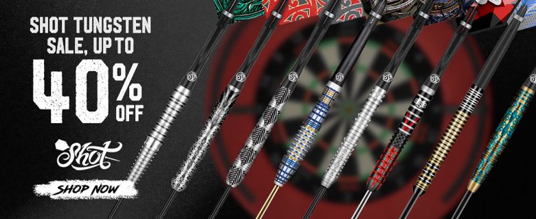 Shot tungsten darts sale ad, offering up to 40% off. Features various dart designs on a dartboard background. "Shop Now" button included.