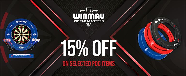 Winmau World Masters banner with 15% off on selected PDC items, featuring a dartboard and stacked dartboard protectors on a dark background.