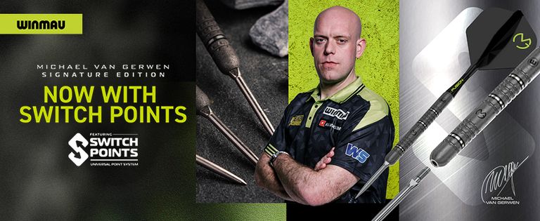 Dart promotional banner featuring Michael van Gerwen's signature edition with new switch points system and detailed dart images.