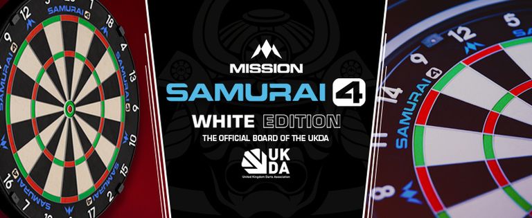 Promotional banner for Mission Samurai 4 White Edition dartboard with UKDA logo and close-up shots of two dartboard faces.