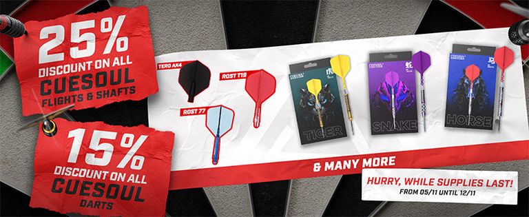 Promotional banner for Cuesoul darts. Offers: 25% off flights and shafts, 15% off darts. Ends 12/17. Includes images of dart packaging.