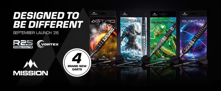 Designed to be different darts advertisement featuring four new dart designs: Astro, Neptune, Mantis, and Quantum, launching September '26.