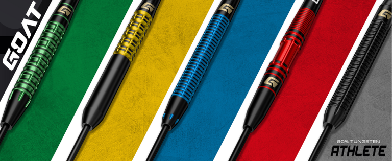 Five colorful GOAT darts aligned diagonally on textured backgrounds in green, yellow, blue, red, and gray. Text: "GOAT", "90% TUNGSTEN ATHLETE".