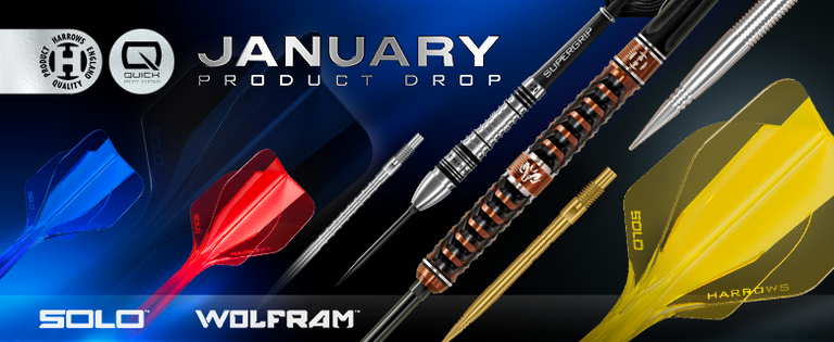 Promotional banner for a January product drop featuring colorful dart designs, including Solo and Wolfram models from good-darts and Harrows.