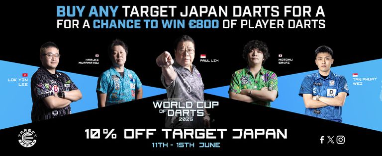 Advertisement for World Cup of Darts 2023 featuring players, promoting 10% off Target Japan darts with a chance to win €800.
