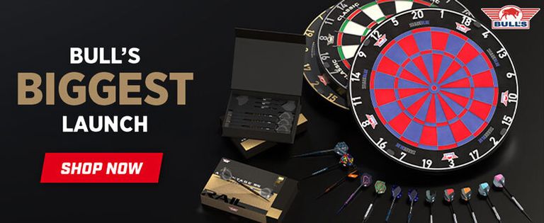 Promotional image showing "Bull's Biggest Launch" with darts products and a dartboard, featuring a "Shop Now" button.