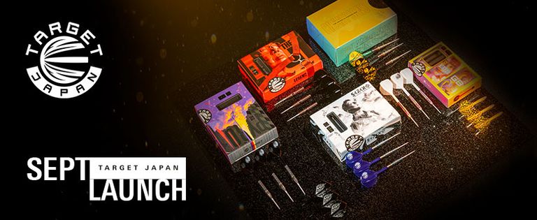 Assortment of dart products with colorful packaging, arranged on a black surface. Text reads "Target Japan September Launch."