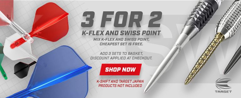 Promotion banner for a 3 for 2 deal on K-Flex and Swiss Point dart products. Add 3 sets to the basket, discount at checkout. Excludes K-Shift and Target Japan.