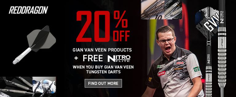 Advertisement for Red Dragon Gian van Veen darts featuring a 20% discount on Gian van Veen products with a purchase of Nitro Elite tungsten darts.