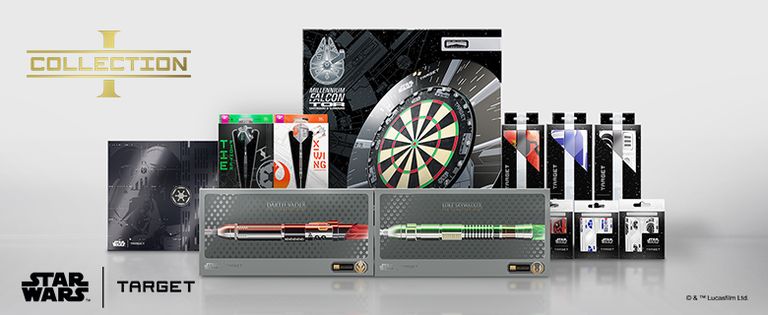 Star Wars-themed merchandise display, including dartboard, pens, and accessories, with Target and Star Wars logos.