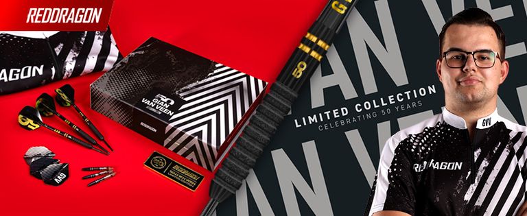 Red Dragon limited edition darts set with case, featuring a player on the right, celebrating 50 years.