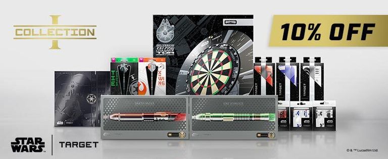 Star Wars themed products on display with 10% off at Target, featuring collectibles and a dartboard.