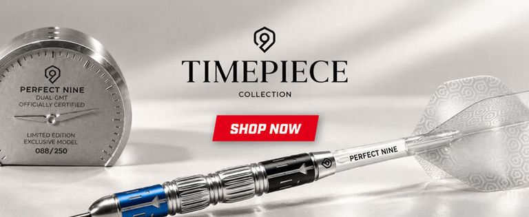 Silver watch labeled "Perfect Nine" next to a dart, with "Timepiece Collection" and "Shop Now" text on a gray background.