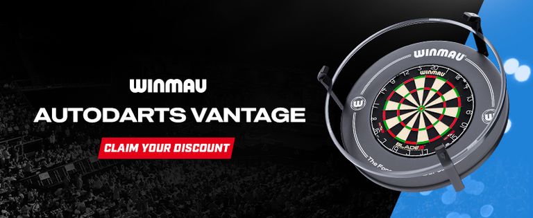 Winmau Autodarts Vantage dartboard on a black and blue background, with "Claim Your Discount" in a red box.