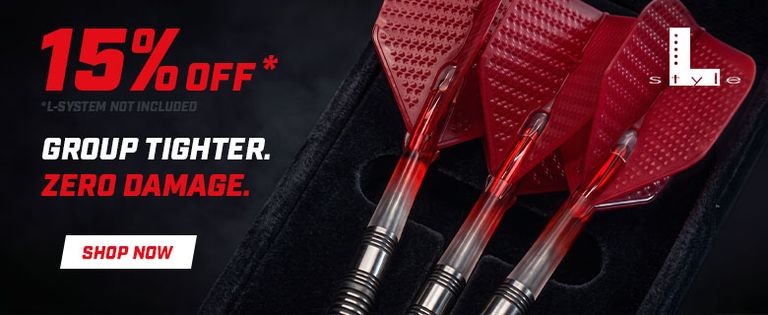 Close-up of red darts with text offering 15% off, highlighting "Group Tighter, Zero Damage," and a "Shop Now" call-to-action.