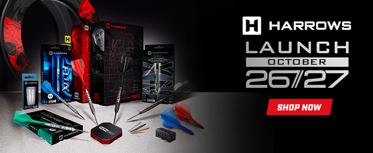 Harrows dart equipment displayed alongside promotional text for a launch event on October 26/27, with a "Shop Now" call-to-action button.