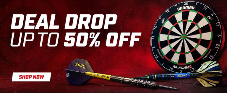 Deal Drop banner featuring a dartboard and darts on a red background, offering up to 50% off with a "Shop Now" button.