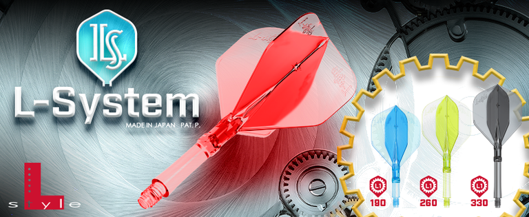 L-System dart flight with red fins, surrounded by mechanical gears. Features different colored darts on the right: blue, green, and black.