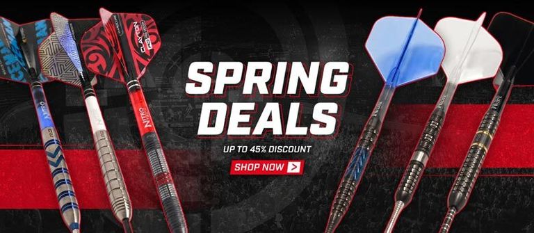 Darts collection with vibrant flights displayed. Bold text reads "Spring Deals", offering up to 45% discount. "Shop Now" button included.