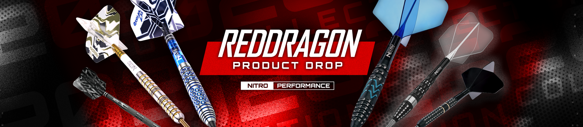 Red Dragon product drop banner with six colorful Nitro performance darts fanned around a bold red logo