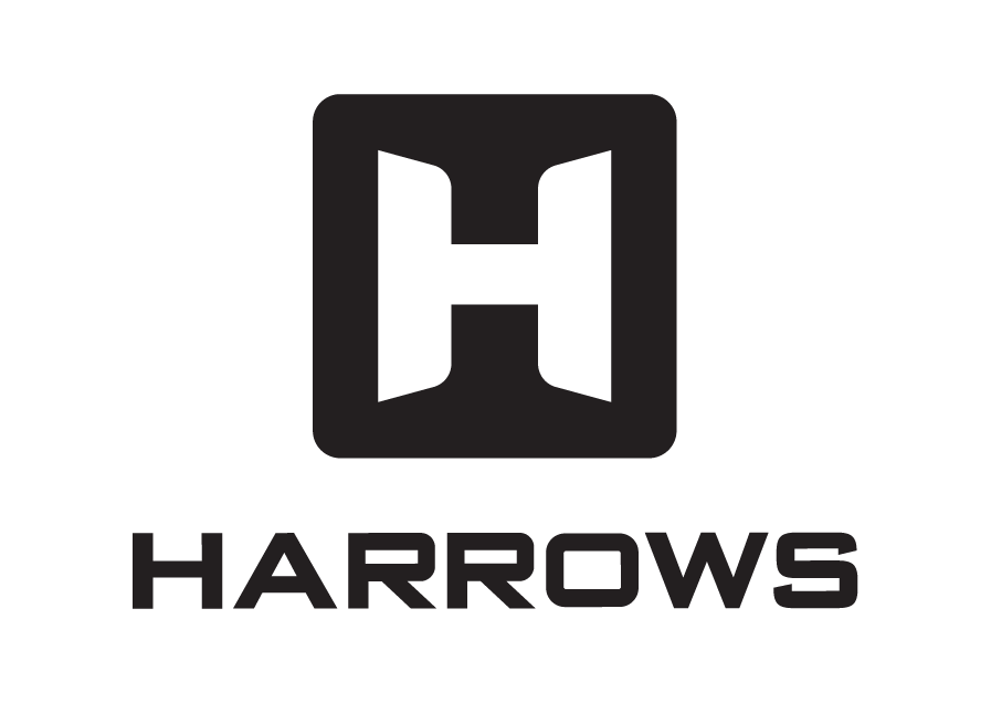 Black and white logo featuring a stylized "H" within a square, with the word "HARROWS" below.