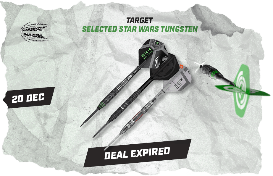 Promotional image of Star Wars-themed tungsten darts, showcasing a 15% discount, with a target and a futuristic design.