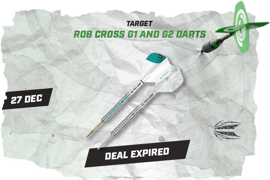 Ad showing two teal-and-silver darts with headline "Rob Cross G1 and G2 Darts", 27 Dec tag, 15% OFF banner and a green target.