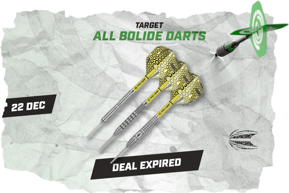 Promotional torn-paper image with three yellow-patterned Bolide darts, a dart hitting a green target, and labels "22 Dec" and "Deal Expired".