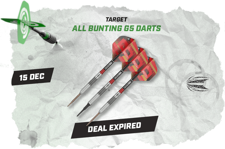Three Target All Bunting G5 darts with red flights on crumpled paper background, '15 Dec' label and a "Deal Expired" banner.