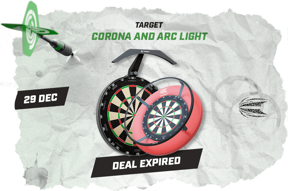 Image of a dartboard and corona lamp with text: "TARGET CORONA AND ARC LIGHT," "29 DEC," "15% OFF," featuring a dart graphic.
