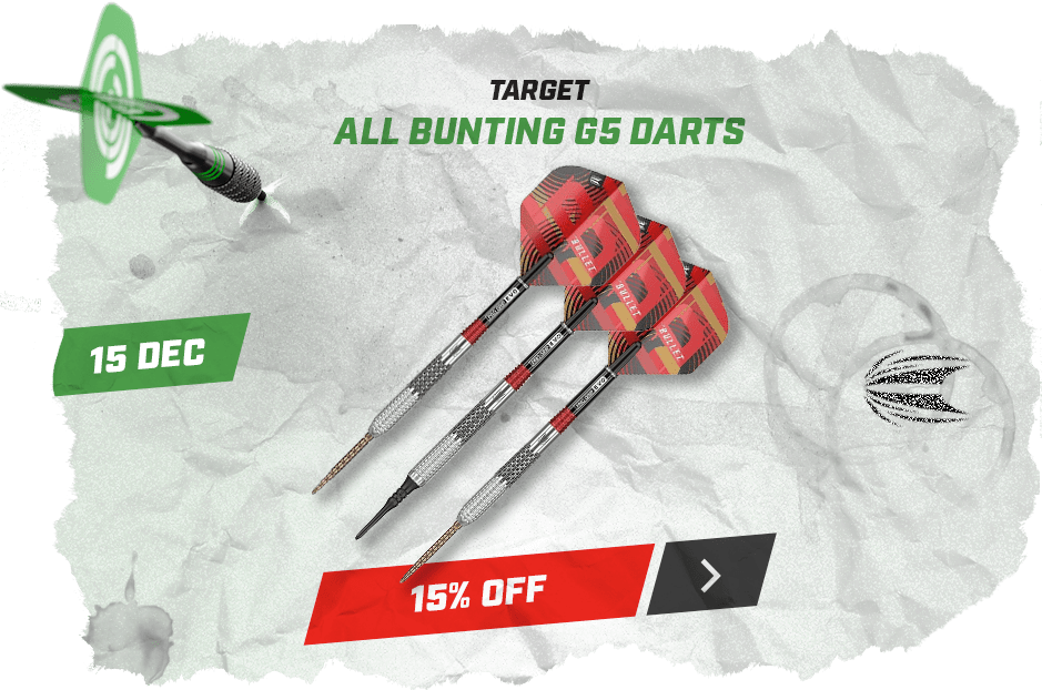 Three Target All Bunting G5 darts with red flights on crumpled paper background, '15 Dec' label and a "Deal Expired" banner.