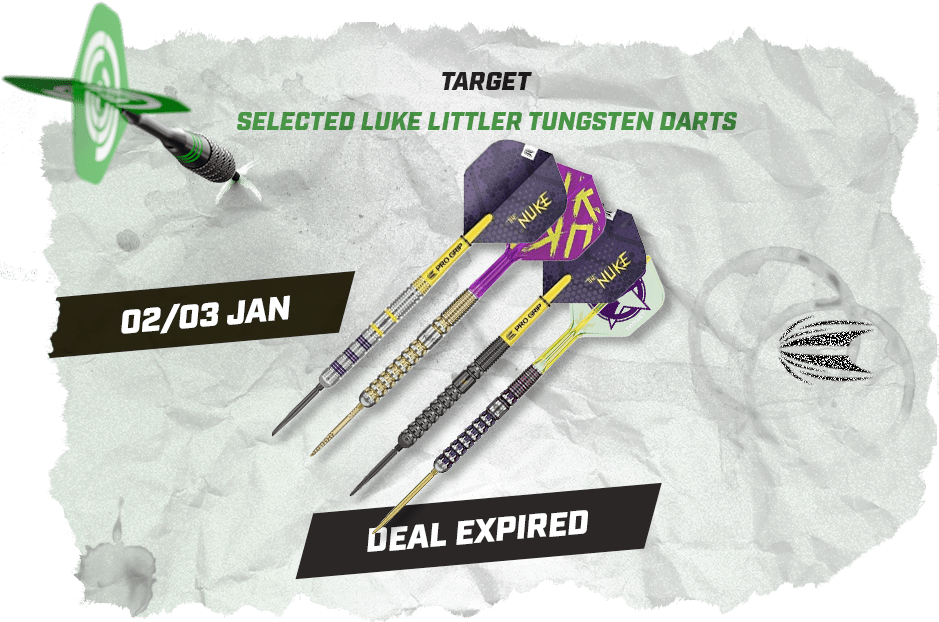 Three Luke Littler tungsten darts with purple and black flights on a textured background. Text: "Target Selected Luke Littler Tungsten Darts, Deal Expired, 02/03 Jan."