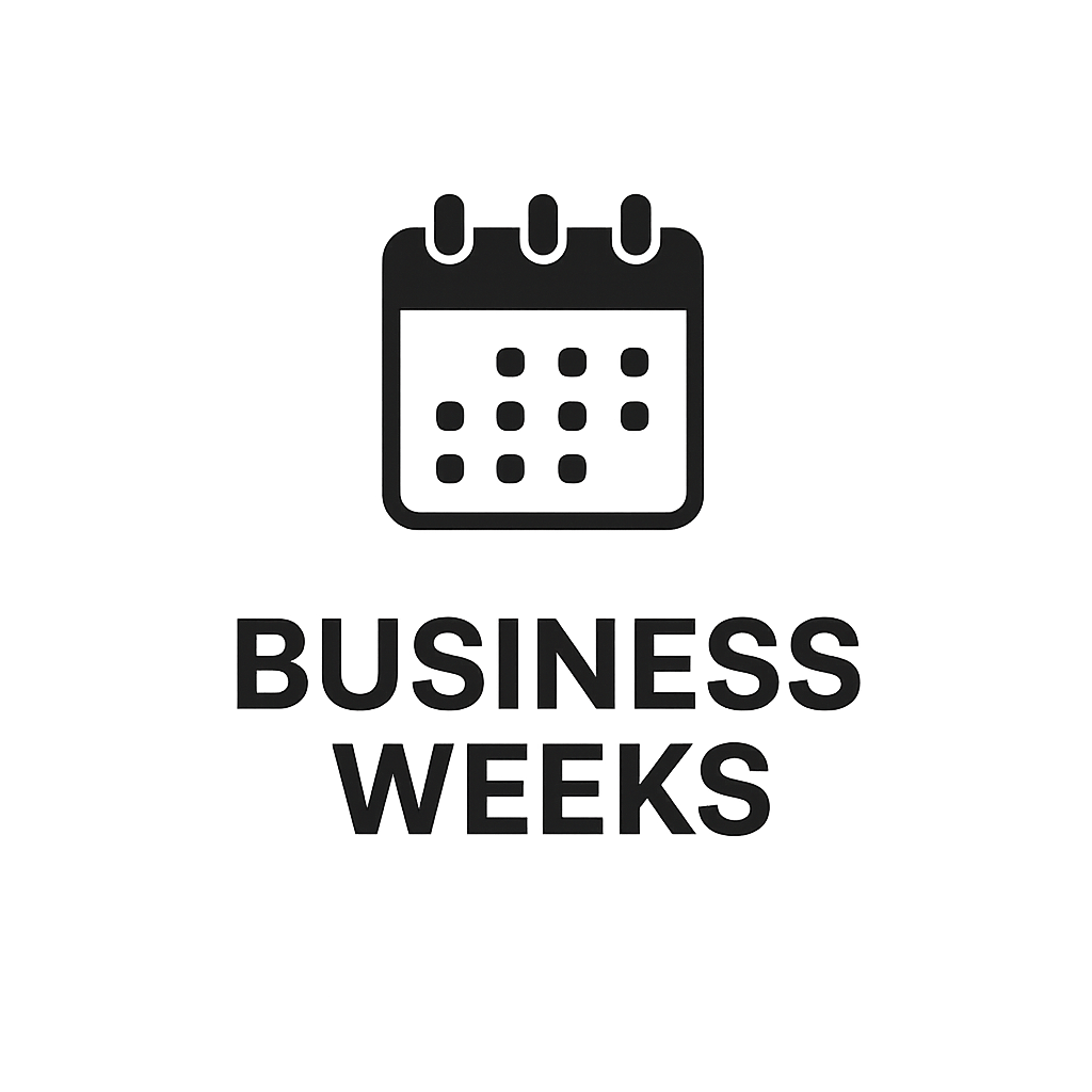 Black calendar icon above the text "BUSINESS WEEKS" on a dark gray background.
