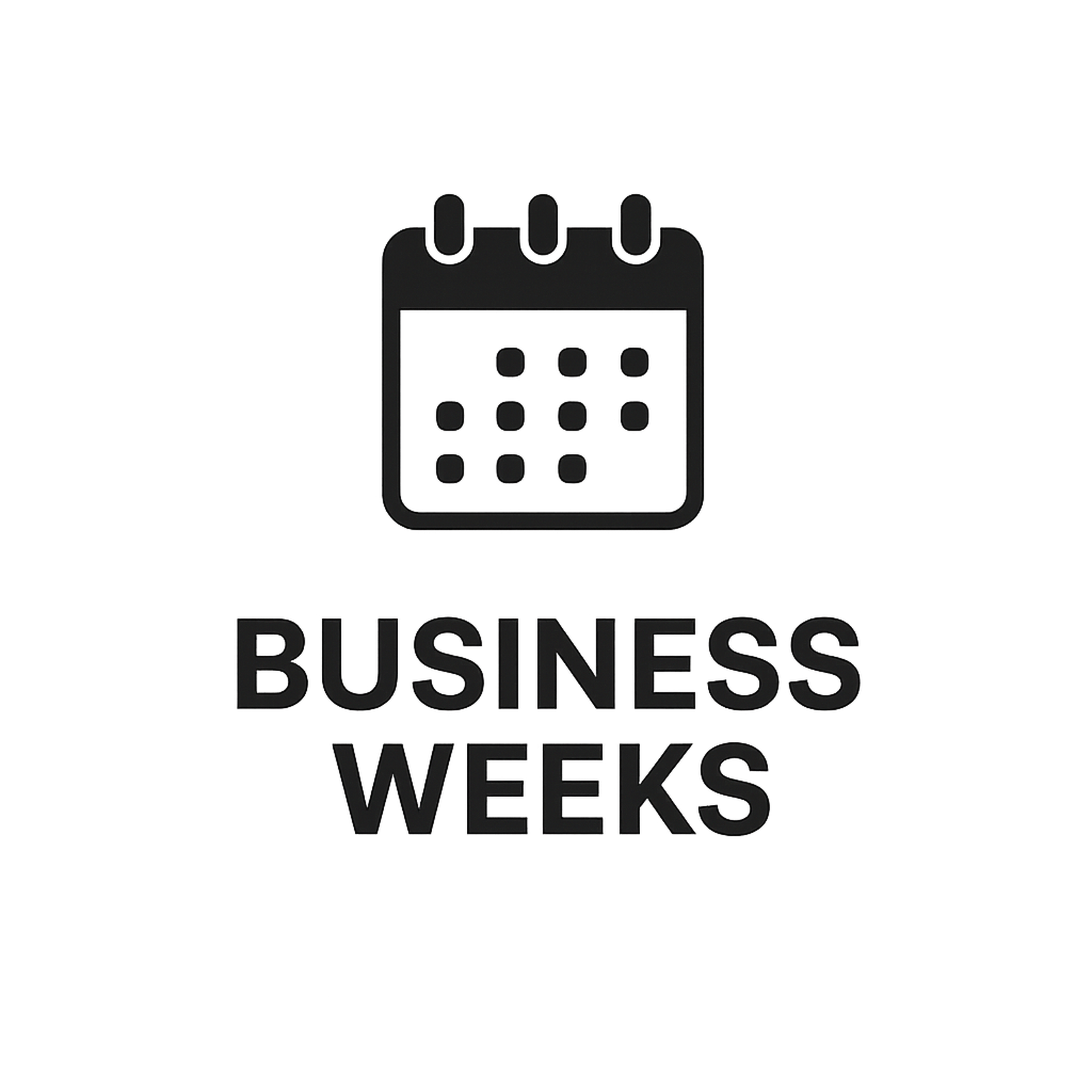 Black calendar icon above the text "BUSINESS WEEKS" on a dark gray background.