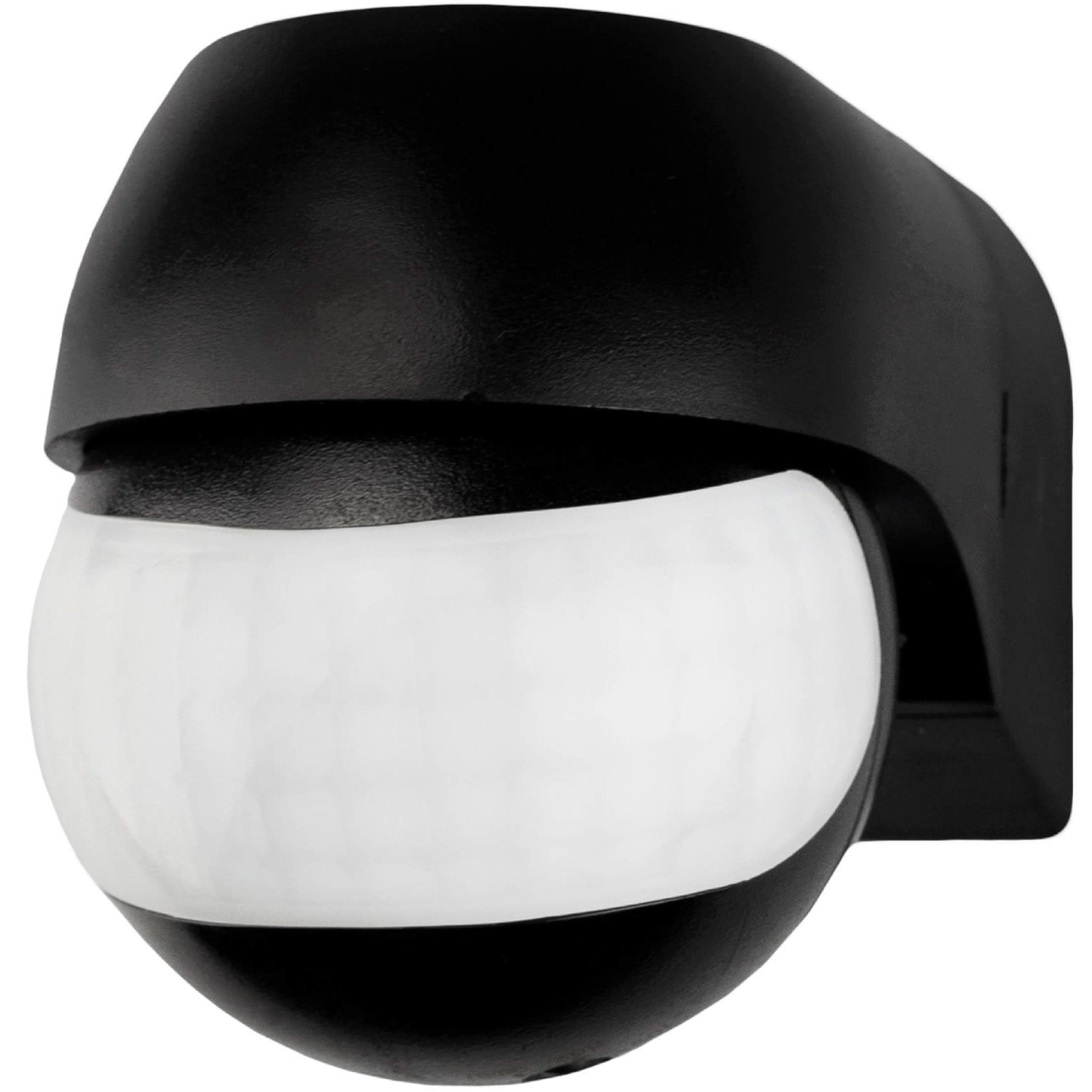 A black motion sensor with a white, curved detection area mounted on a wall bracket.