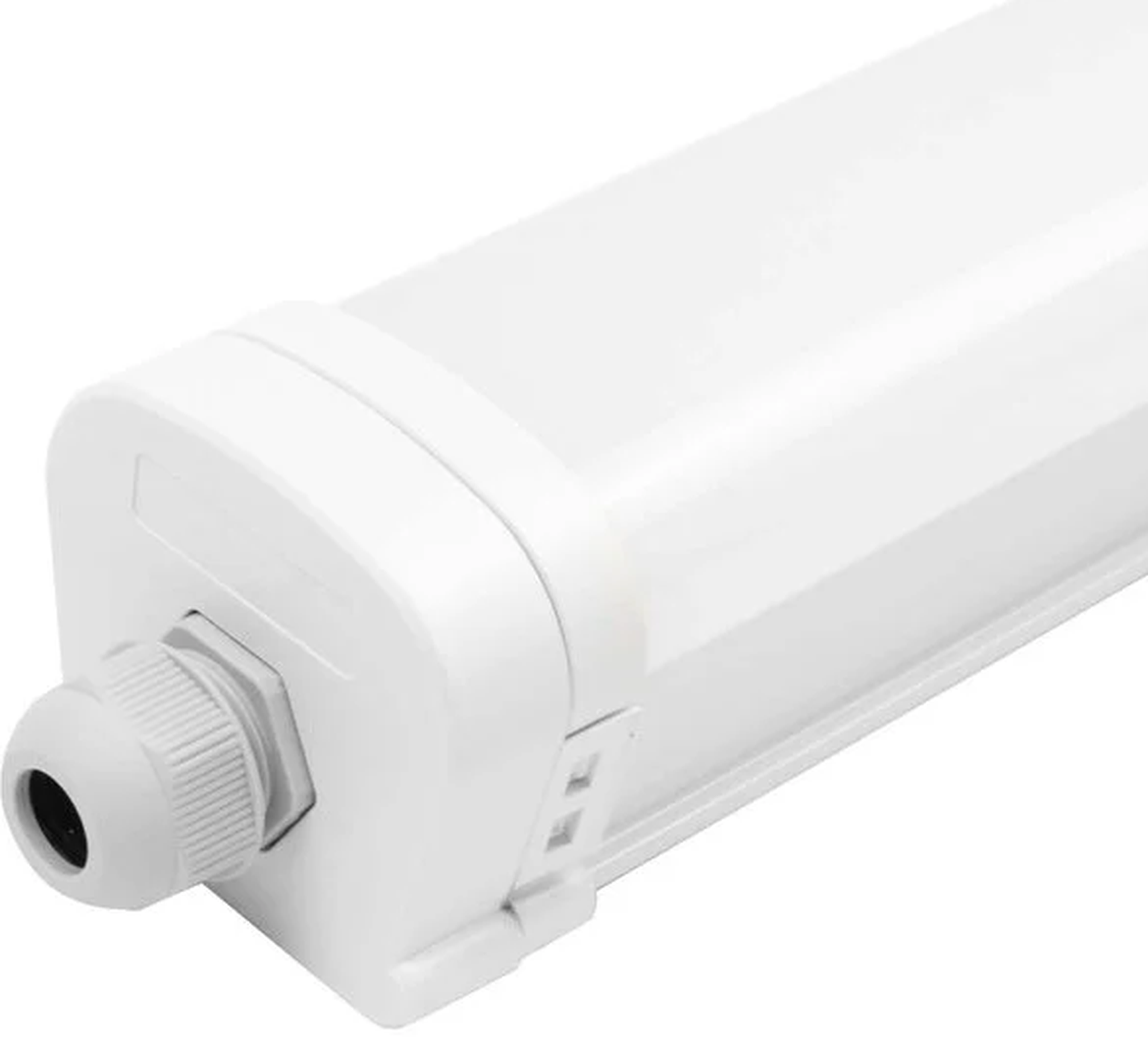 Close-up of a white LED tube light with a protective casing and a connector at one end, designed for energy-efficient indoor lighting.