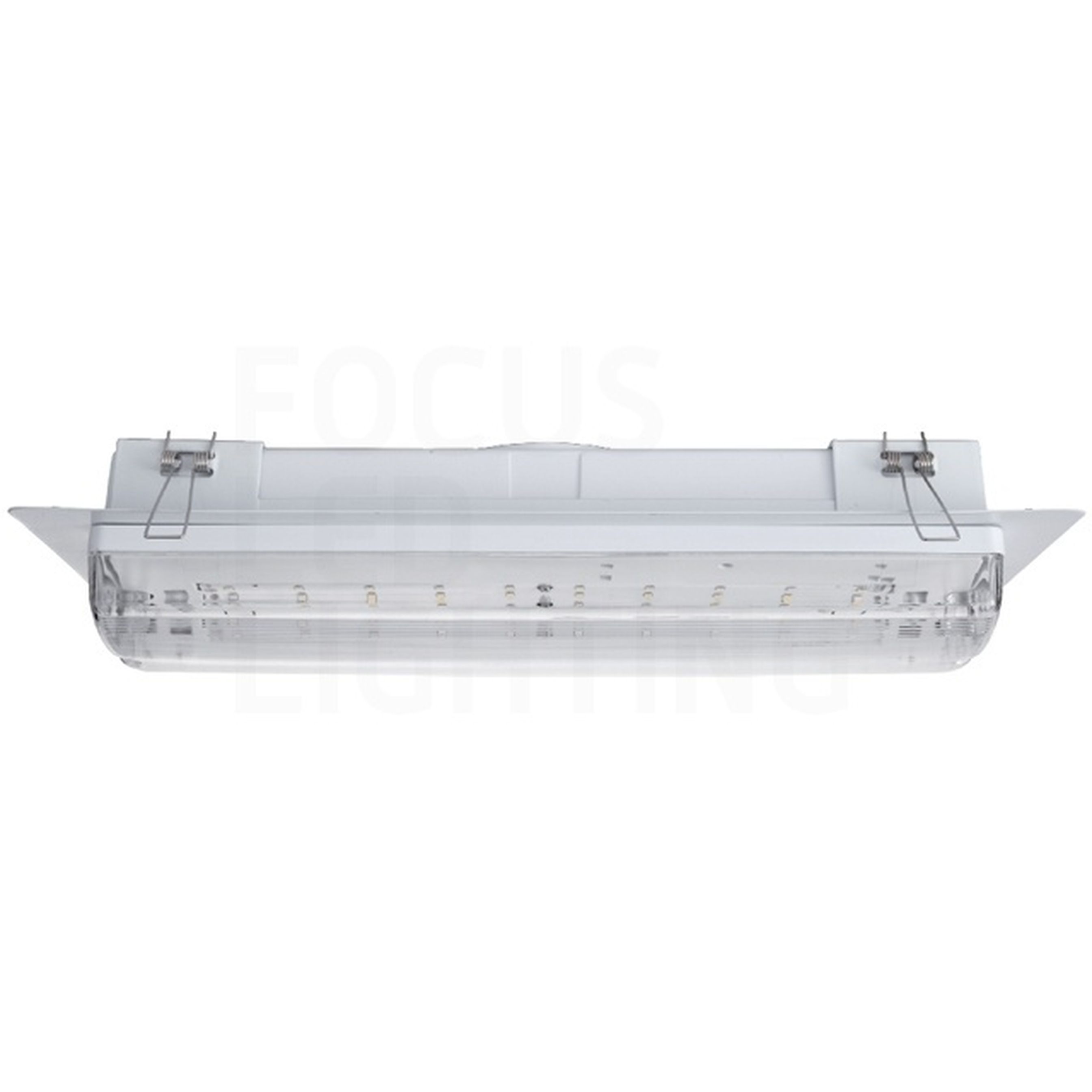 Rectangular LED light fixture with a transparent cover, metal brackets on each side, and visible internal components.