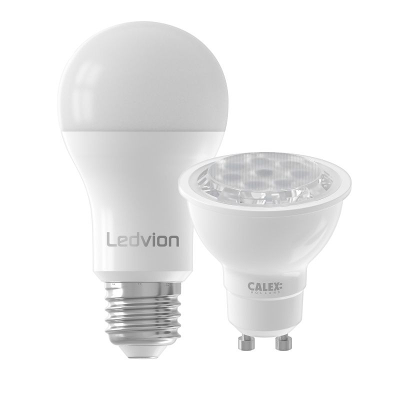 Two white LED light bulbs: one standard screw base bulb and one GU10 spotlight bulb, both with brand names visible.
