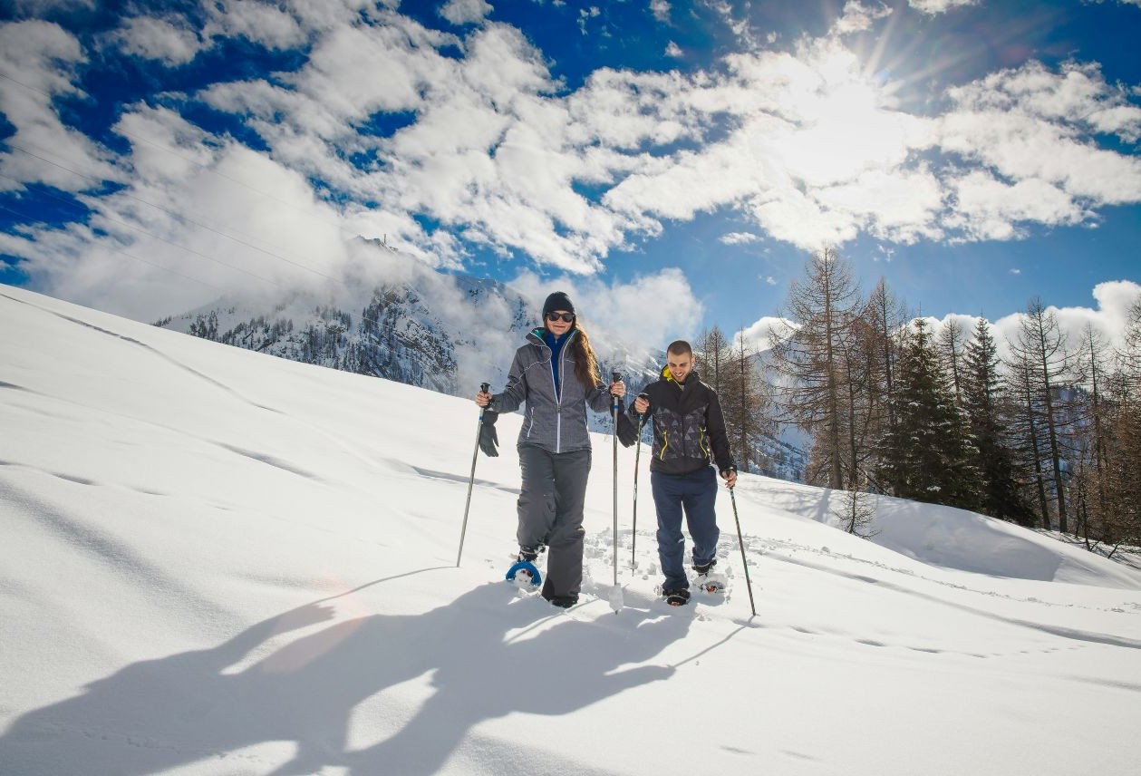 Two people snowshoeing uphill across a sunlit snowy slope with poles, mountains and trees under a bright blue sky.