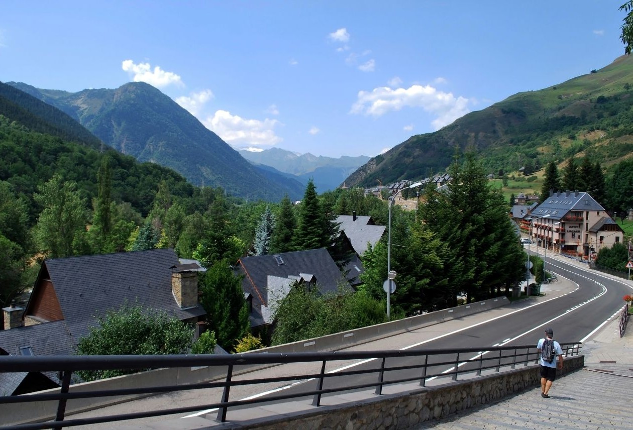 Winding mountain road and stone steps through a village of slate-roofed houses, evergreens, and distant blue peaks.