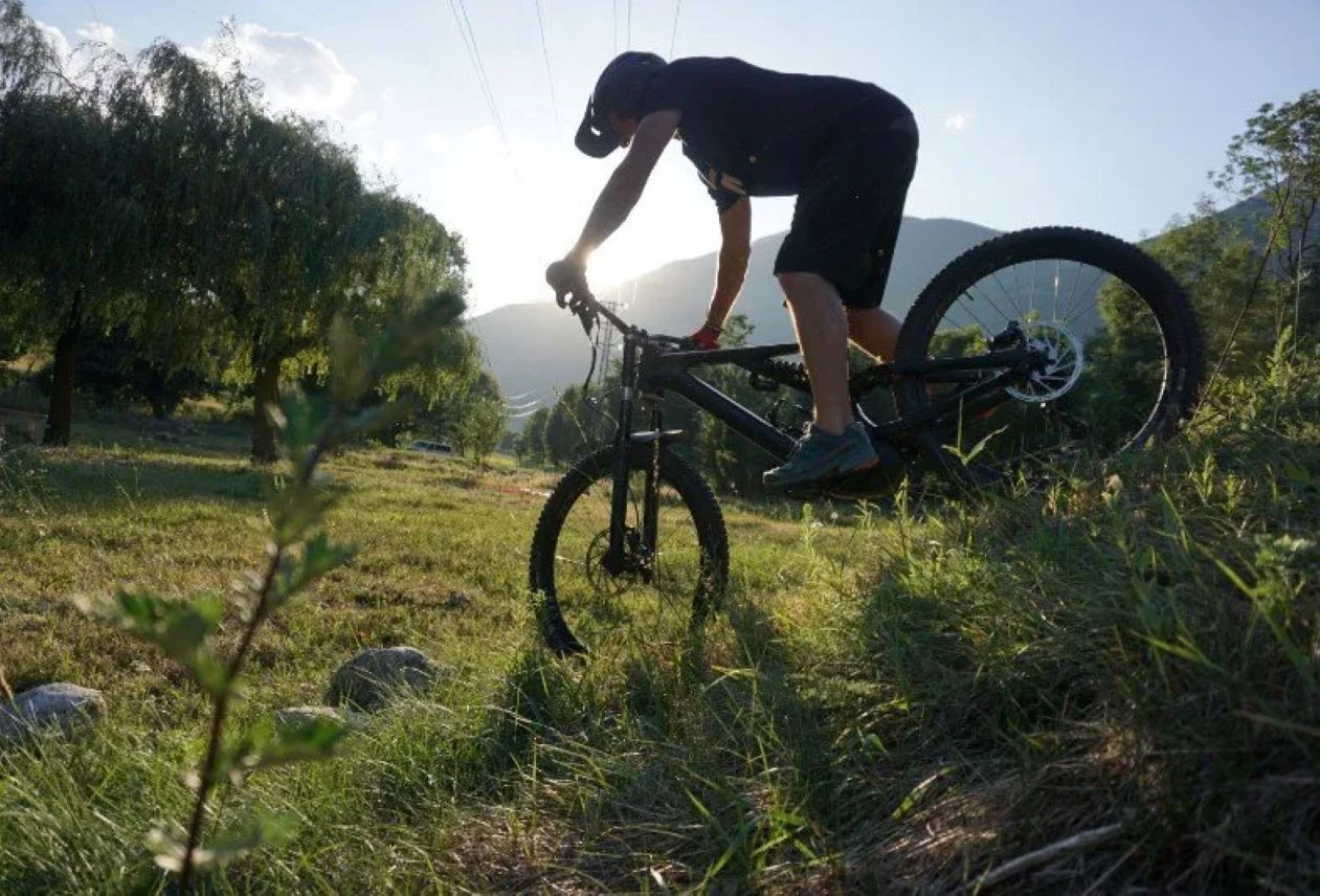 Cyclist performs a wheelie on a mountain bike in a sunlit grassy field with trees and mountains in the background.