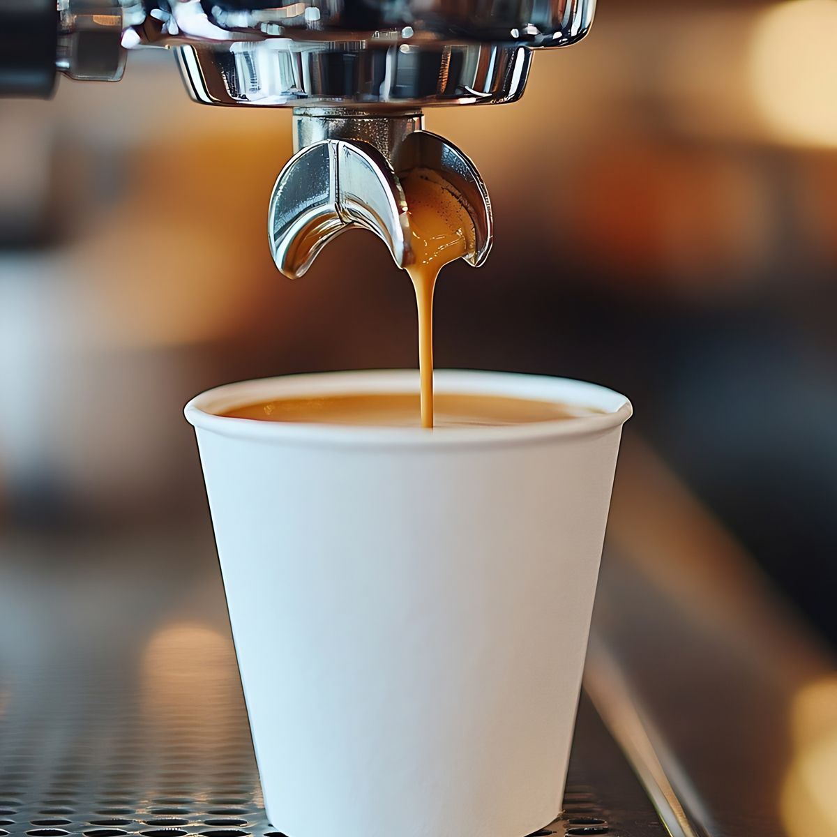 Kaffee rinnt in einen Papierbecher